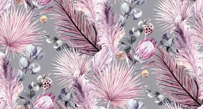 Floral watercolor pattern with tropical dried flowers of palms and proteas on gray background for surface and textile design.