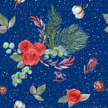 Seamless pattern with a Winter bouquet with red roses and pine branches and cones, painted in watercolor on a dark blue background in snowflakes