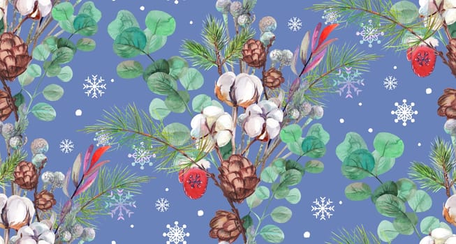 seamless new year pattern painted with watercolor paints with a bouquet of pine branches, cones and eucalyptus on a dark blue background with snowflakes for surface design