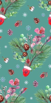 watercolor Christmas seamless pattern with varzhka and winter bouquet with dried flowers and fir branches on turquoise background for wrapping paper and fabric