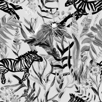 Seamless pattern with running zebras and bright tropical flowers drawn in a painterly style for summer textiles and design