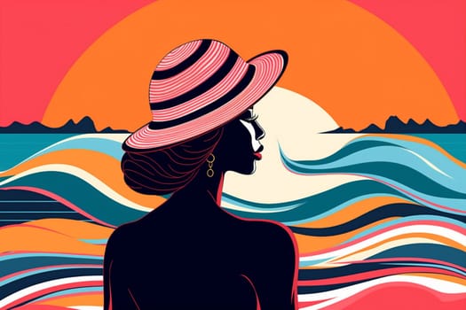 young woman girl travel vacation tourism summer black concept beach background beautiful hat design beige bikini sea beauty tanned female holiday. Generative AI.