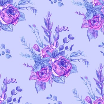 Seamless pattern in purple shades with roses drawn with watercolor and pencils in vintage style for textiles and surface design