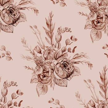 Seamless textile monochrome beige botanical pattern with graphic design of roses and eustoma for textile and surface design