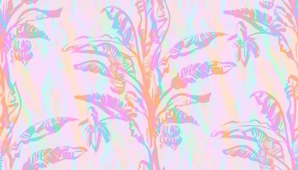 purple summer seamless pattern with a banana palm with tropical leaves drawn with a dry brush in colorful pastel shades for textile
