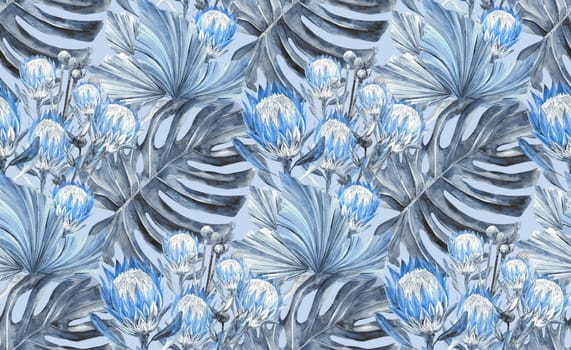 fashion watercolor blue monochrome seamless pattern with tropical dried protea flowers and monstera leaves for surface and fabric design