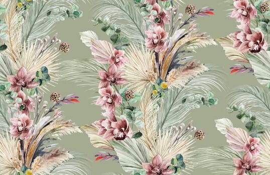 Seamless watercolor pattern with herbarium of dry palm leaves and orchid flowers and pampas grass on a green background for textile and surface design