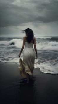 beauty woman summer sky horizon cloud water wedding vacation dress back ai person outdoors ocean girl nature sea storm body beach. Generative AI.