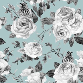 black and white watercolor seamless pattern with roses and hummingbirds on a turquoise background for textiles and packaging, as well as surface design and stationery