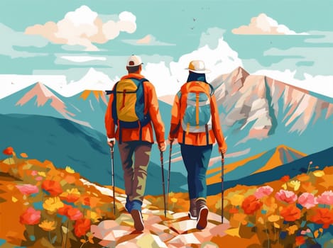 woman elderly hiking trekking aged active exercise senior grandfather old nature happy grandparent family walking couple together summer walk person. Generative AI.