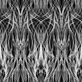 Seamless pattern with a gothic symmetrical ornament drawn with a white pencil on a black background. Vertical plastic lines drawn like chalk on a blackboard for Halloween or historical backgrounds, textiles or design