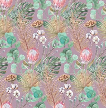 watercolor boho pattern with tropical dried flowers and palm and monstera leaves on a pink background for textiles and surface design