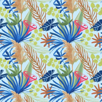summer modern seamless pattern painted in paints with herbarium of tropical dried flowers on a blue background for textiles and surface design