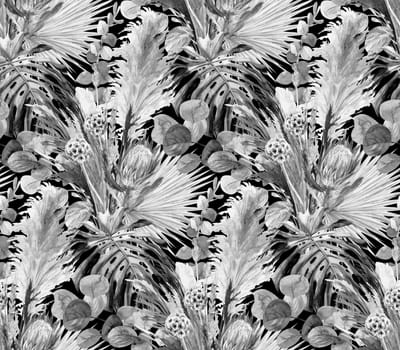 black and white watercolor seamless pattern with herbarium of dry palm leaves with protea and monstera flower and pampas for textiles
