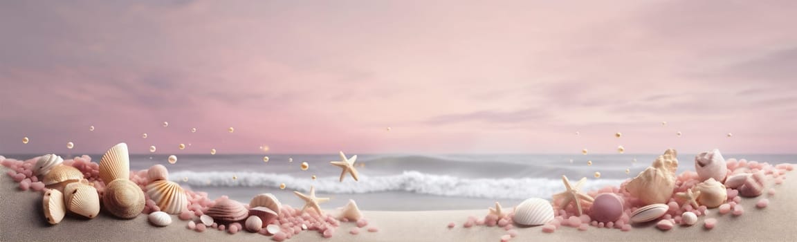 holiday shell sand landscape tropical summer sea shore beach beautiful exotic background seasonal bright concept banner nature conch ocean relax. Generative AI.