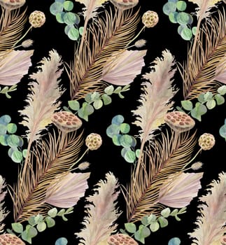 watercolor seamless pattern with dried flowers and dry palm leaves on black background for textile and surface design