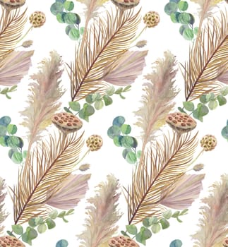 watercolor seamless pattern with dried flowers and dry palm leaves on white background for textiles and surface design