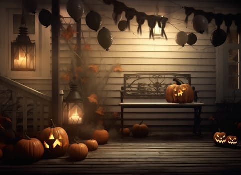 cozy step house door porch stair stylish holiday wooden decoration leaf background outdoor door front wood halloween nobody fall party pumpkin. Generative AI.