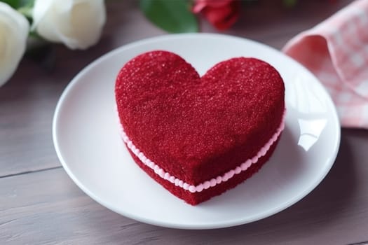 Heart shaped red velvet cake for Valentine's day on dark background. Tasty homemade dessert. AI Generated