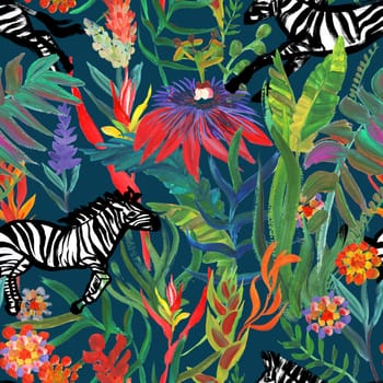 Seamless night pattern with running zebras and tropical flowers drawn in a painterly style for textile