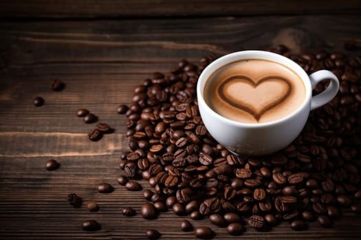 fresh coffee with heart latte art on wooden table. AI Generated