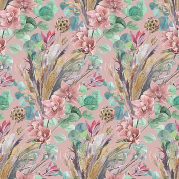 watercolor seamless pattern with dried flowers herbarium with boho style orchid flower on pink background for textile and surface design