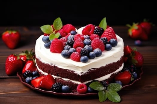 Heart shaped red velvet cake decorated with berries for Valentine's day on dark background. Tasty homemade dessert. AI Generated