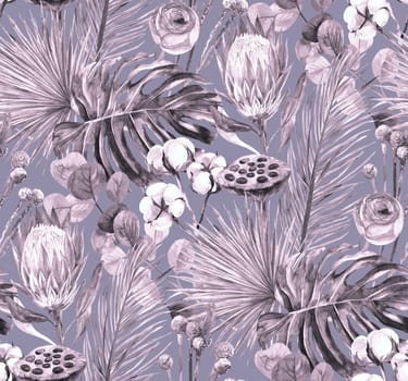 gray watercolor seamless monochrome pattern with herbarium of dry palm leaves with protea and monstera flower and cotton twigs on a blue background for textiles and wallpaper, as well as packaging and surface design