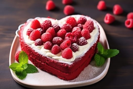 Heart shaped red velvet cake decorated with berries for Valentine's day on dark background. Tasty homemade dessert. AI Generated