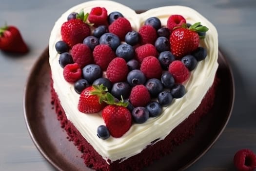 Heart shaped red velvet cake decorated with berries for Valentine's day on dark background. Tasty homemade dessert. AI Generated