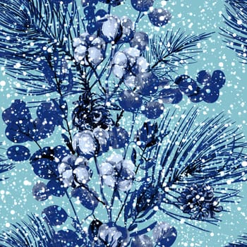 Christmas blue seamless pattern with silhouettes painted with watercolor with fir branches and winter dried flowers and snow for packaging and fabrics