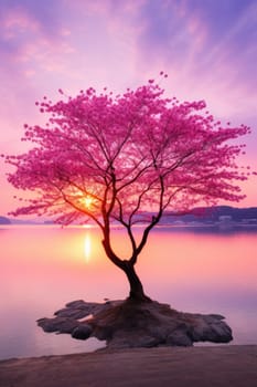 Valentine Day. Pink sakura Tree on sunset. AI Generated