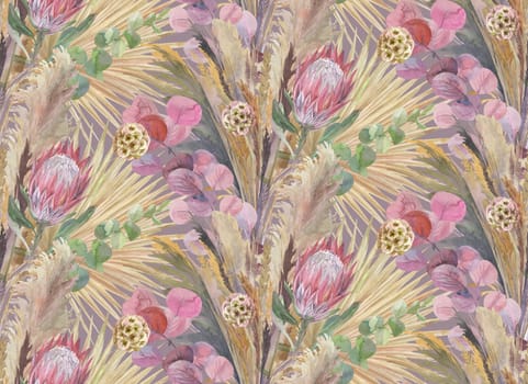 seamless pattern with a bouquet of dried flowers with protea flower and dry palm leaves painted in boho style watercolor