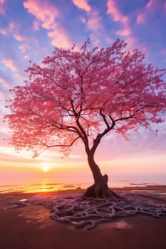 Valentine Day. Pink sakura Tree on sunset. AI Generated