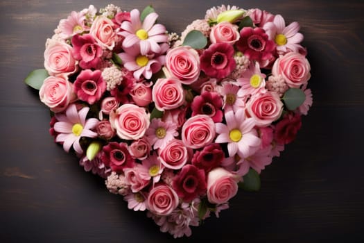 Valentine Day. Heart shape made of flowers on dark background. Valentine's day. AI Generated