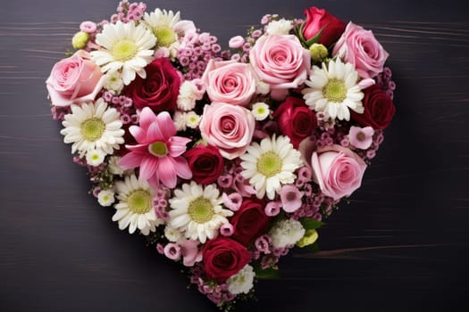 Valentine Day. Heart shape made of flowers on dark background. Valentine's day. AI Generated