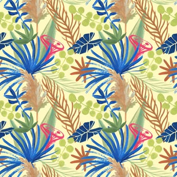 bright summer modern seamless pattern painted with herbarium of tropical dried flowers for textiles and surface design