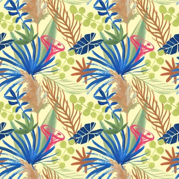 bright summer modern seamless pattern painted with herbarium of tropical dried flowers for textiles and surface design