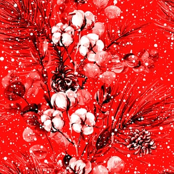 Red watercolor winter pattern with sprigs of pine and cotton and dried flowers for textiles and festive packaging
