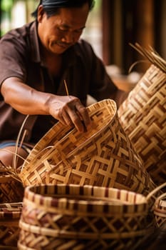 Woman weaving wicker basket indoors, closeup view. AI Generated
