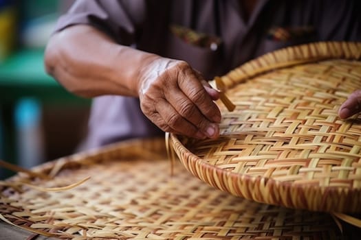 Woman weaving wicker basket indoors, closeup view. AI Generated