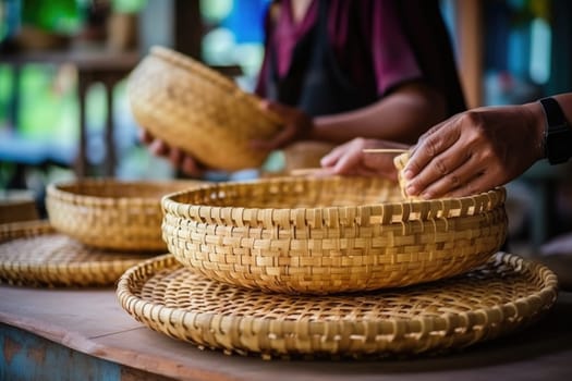 Woman weaving wicker basket indoors, closeup view. AI Generated