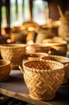 Woman weaving wicker basket indoors, closeup view. AI Generated