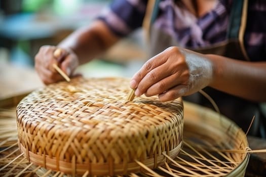 Woman weaving wicker basket indoors, closeup view. AI Generated