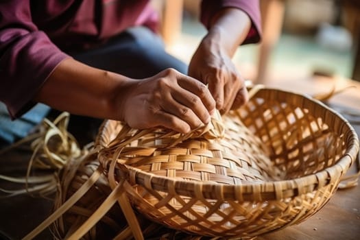 Woman weaving wicker basket indoors, closeup view. AI Generated