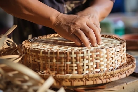 Woman weaving wicker basket indoors, closeup view. AI Generated