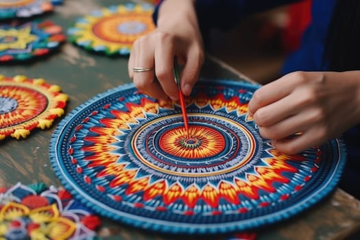 Heritage Craft. hands drawing peruvian mandala. AI Generated