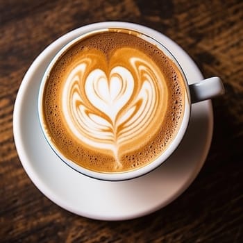 fresh coffee with heart latte art on wooden table. AI Generated