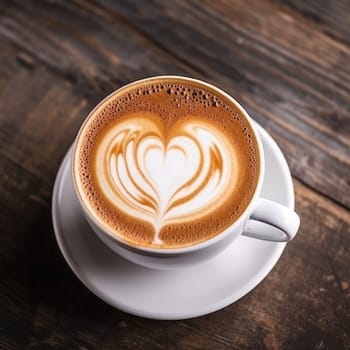 fresh coffee with heart latte art on wooden table. AI Generated