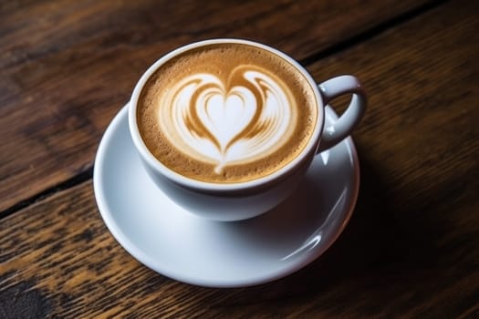 fresh coffee with heart latte art on wooden table. AI Generated